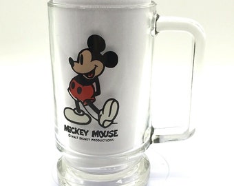 Walt Disney Productions Mickey Mouse Clear Glass Coffee Cup Mug Footed W/ Handle
