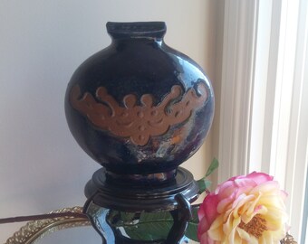 Vintage Asian cobalt blue vase with bat symbol,heavy ceramic vase, Celadon Glaze, oriental cobalt blue color, blue Vase, very heavy, 3B13