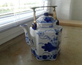 Vintage Asian Hexagonal Cobalt Blue and White Handpainted Teapot with Solid brass handle Traditional Chinese Teapot