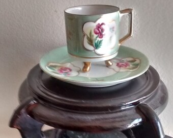 Vintage little tea Cup and Saucer Shafford Hand decorated,  Footed tea cup and saucer, green with gold and pink rose Tea Cups and Saucers,B2