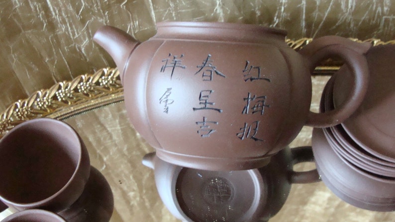 Chinese pottery YiXing ZiSha Pottery set Teapot 6 caps and 6 saucers with artist certificate of authenticity image 5