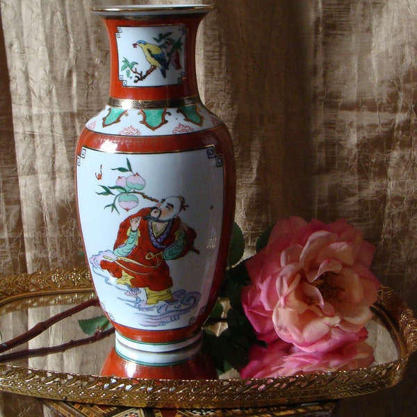 vase en porcelaine asiatique vintage, grand vase en porcelaine vintage oriental avec piches, moine de chauves-souris et geisha décor oriental peint à la main, vase rare