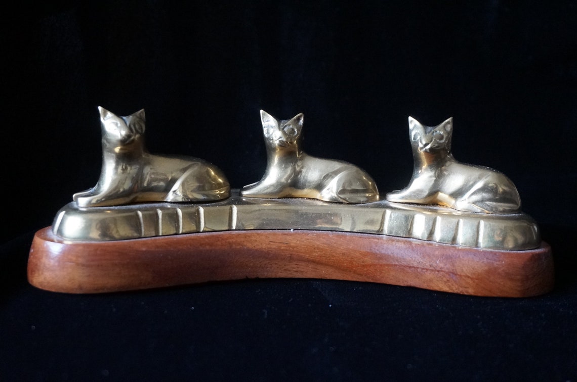 Vintage Brass Cats 3 Cats Office Table Decor on a Wood Panel Etsy