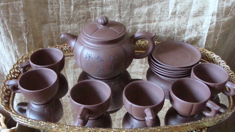 Chinese pottery YiXing ZiSha Pottery set Teapot 6 caps and 6 saucers with artist certificate of authenticity image 3