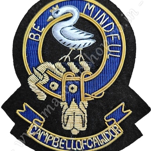 May include: Embroidered patch with a swan and text. The patch features a white swan with a gold crown, blue and gold accents, and the words "BE MINDFUL" and "CAMPBELL OF CAWDOR". The patch is black with gold and blue embroidery.