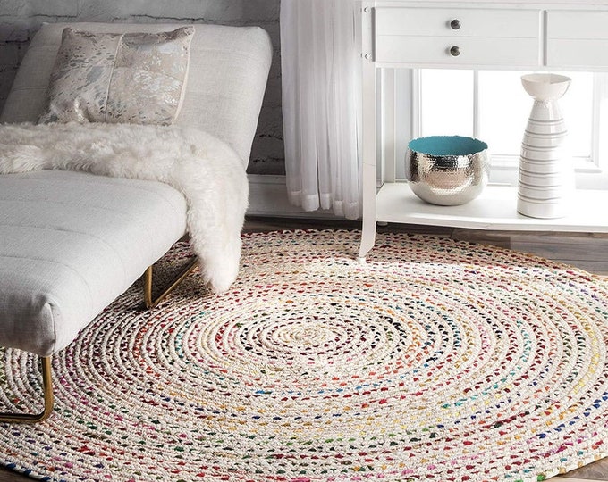 Indian Hand Braided Bohemian Cotton Chindi Area Rug Ivory Color Home Decor Rugs Floor Decor Carpet Size 6 Feet