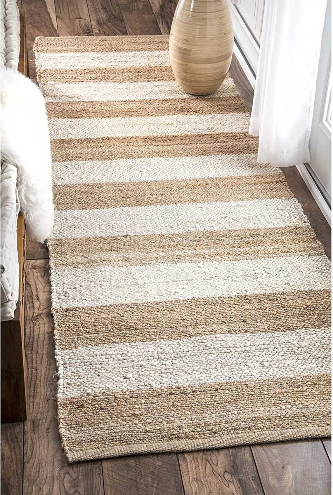 Handmade Braided Natuaral Jute White Strip Runner Area Rug Etsy