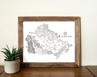 Peut inclure: Une carte du Canada en noir et blanc encadrée avec du texte rouge et un petit cercle avec un symbole de boussole dans le coin supérieur droit. Le texte "CANADA" est imprimé en noir sous le symbole de la boussole.