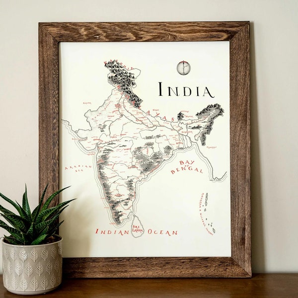 India Map Hand drawn fantasy Map for Home Decor
