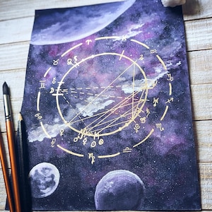 Carta natal en acuarela original, pintura astrológica personal, pintura en acuarela