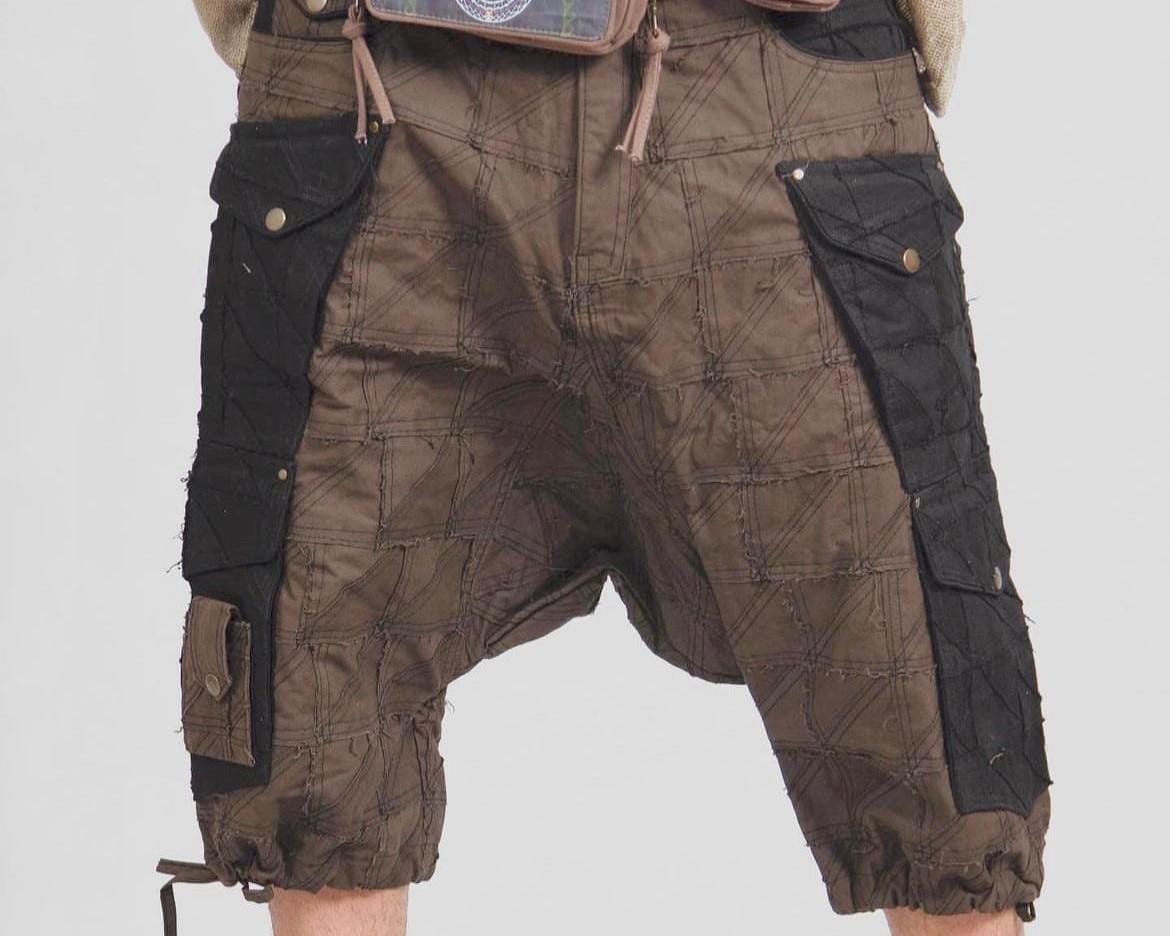 Patchwork Japanese Alibaba Pants: Brown & Black Cotton Twill Festival Shorts