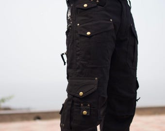Black Cotton Twill Cargo T Tone Pants: Festival Streetwear Trousers