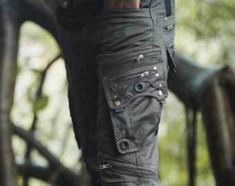 Men's Grey Twill Tactical Cargo Pants | Olive Digital Print, 14+ Pockets
