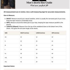 May include: Size guide for men's shorts by MAARI MAV. Includes waist, length, and hip measurements in inches for sizes XS to 3XL. Instructions on how to measure waist, hips, and length are also provided. The guide also includes the text "Find your perfect fit".