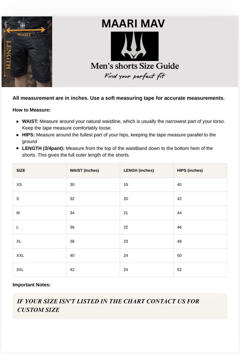 May include: Size guide for men's shorts by MAARI MAV. Includes waist, length, and hip measurements in inches for sizes XS to 3XL. Instructions on how to measure waist, hips, and length are also provided. The guide also includes the text "Find your perfect fit".