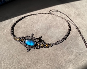 Makramee Labradorit Choker: Perlen Boho Schmuck, blaue Labradorit Halskette, Edelstein Tiara, Naturstein Design Anhänger