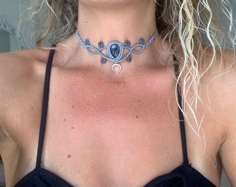 Labradorit Makramee Halskette,handgemachte Makramee Choker,Boho Schmuck,Mineral Stein,Chakra Stein,Bohem,Makramee Tiara,grau blaue Farbe Halskette