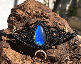 Macrame Choker necklace with Labradorite stone,blue Labradorite macrame Tiara,unique chic design,summer jewelry,bohemian necklace