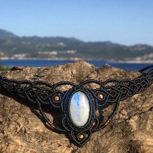 Rainbow Moonstone Macrame Tiara,moonstone choker,macrame necklace,woman Hair accessories,boho,gift for her,goddess jewelry,black necklace