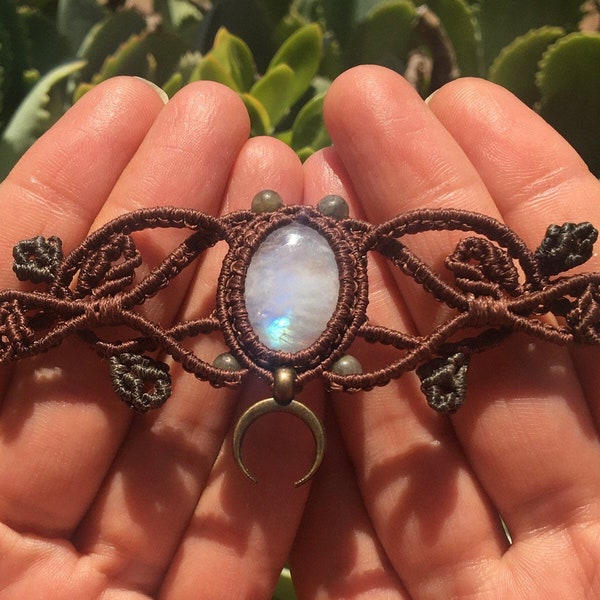 half moon moonstone macrame choker necklace or tiara,leaf detail tiara,goddess jewelry,hippie style,bohemian,wedding gifts,forest  jewelry