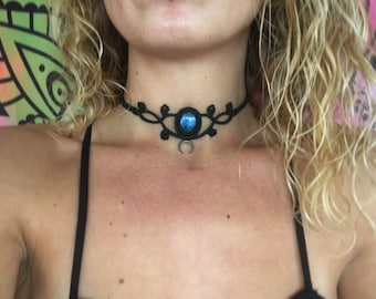 Blue Labradorite macrame Choker necklace or tiara,leaf detail black macrame necklace,goddess tiara,choker necklace,crystal pendant,boho