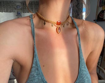 Handmade Macrame Carnelian Choker: Braided Boho Necklace