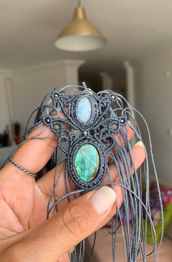 マクラメラブラドライトムーンストーンチョーカーネックレス