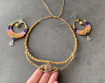 Handmade Macrame Necklace and Earrings Set: Colorful Boho Jewelry