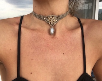 Moonstone macrame choker necklace,drop moonstone,elf crown,goddess pendant,festival jewelry, handmade micromacrame ,elegant jewelry