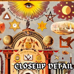 May include: A vintage Masonic chart of the Scottish Rite, featuring a variety of symbols including a compass, square, eye, stars, and a ladder. The chart is set against a blue background with gold accents.