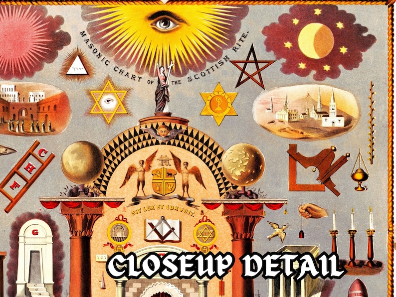 May include: A vintage Masonic chart of the Scottish Rite, featuring a variety of symbols including a compass, square, eye, stars, and a ladder. The chart is set against a blue background with gold accents.