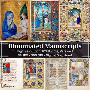 Illuminated Manuscripts Bundle | 34 Medieval Junk Journal Pages | HQ Medieval Vintage Printable Illustrations | Instant Digital Download