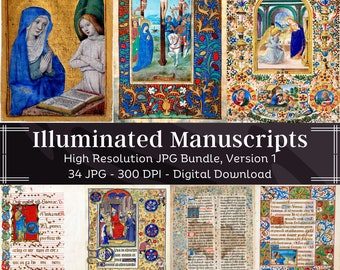 Illuminated Manuscripts Bundle | 34 Medieval Junk Journal Pages | HQ Medieval Vintage Printable Illustrations | Instant Digital Download