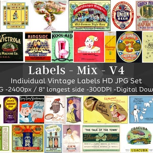 Vintage Labels Mixed Kit 80 HQ Digital JPG Bundle 4| Drinks, Medicine, Detergent, Fruit, Cigarette, Tea, Coffee Old Labels| Instant Download