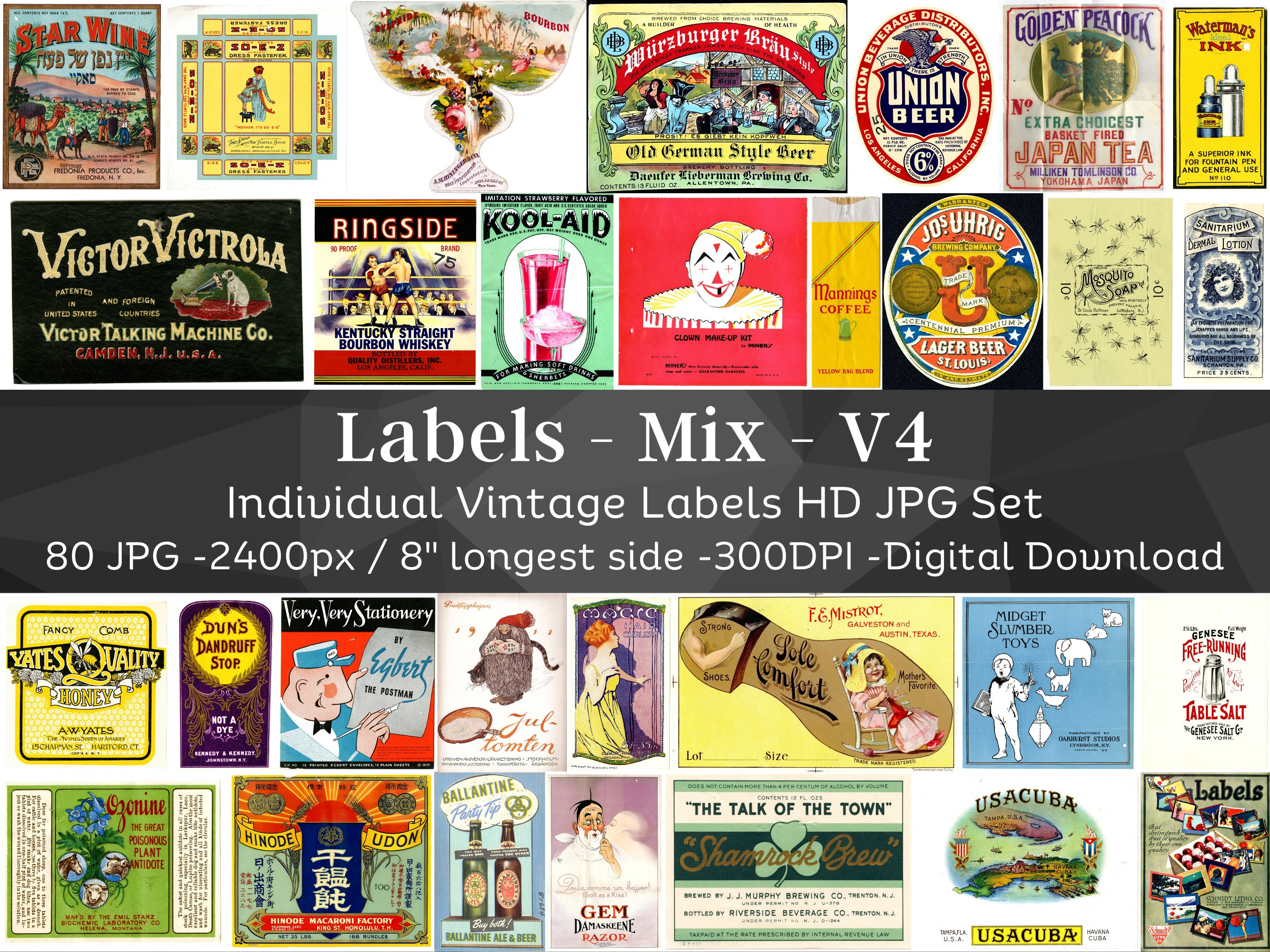 Vintage Labels Mixed Kit 80 HQ Digital JPG Bundle 4| Drinks