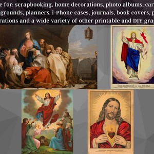 May include: Four vintage religious images featuring Jesus Christ. The images depict Jesus in different poses, including with outstretched arms, a heart exposed, and standing on a cloud. The images are printed on paper with a textured surface.