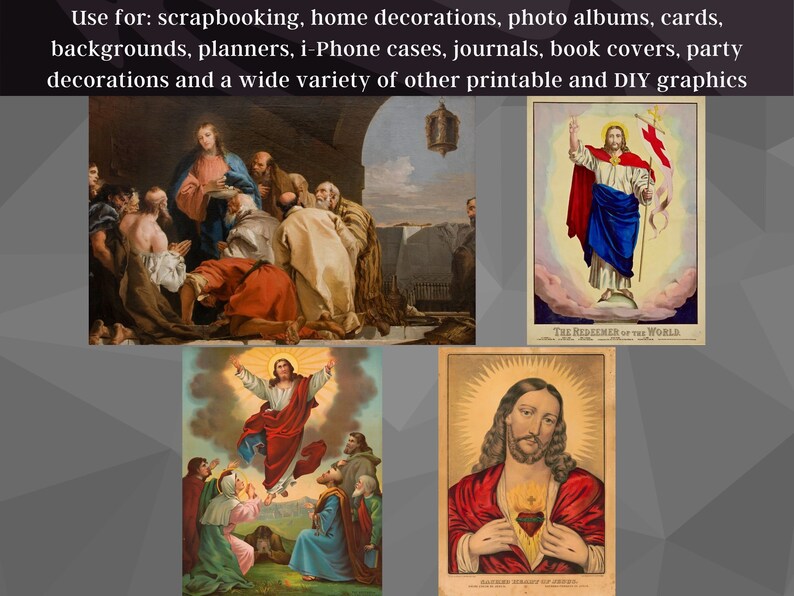 May include: Four vintage religious images featuring Jesus Christ. The images depict Jesus in different poses, including with outstretched arms, a heart exposed, and standing on a cloud. The images are printed on paper with a textured surface.