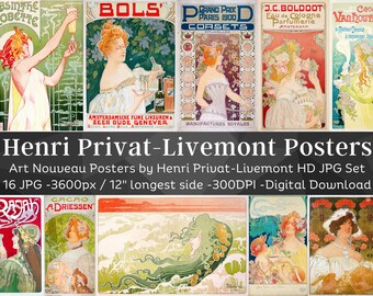 Henri Privat-Livemont 16 obras de arte de carteles de Art Nouveau francés / Vintage Beau Monde Chic anuncio cartel pared arte paquete / Descarga instantánea