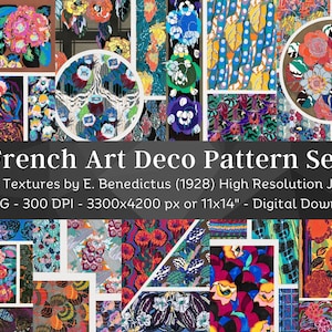 May include: A set of 20 digital art deco patterns featuring floral designs in vibrant colors like pink, blue, green, and yellow. The patterns are high resolution and perfect for use in digital projects.