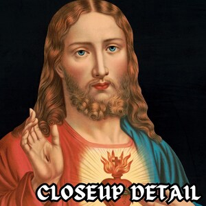 May include: A vintage illustration of Jesus Christ with long brown hair and a beard. He is wearing a red robe with a blue sash and a golden heart with flames on his chest. The image has the text "CLOSEUP DETAIL" at the bottom.