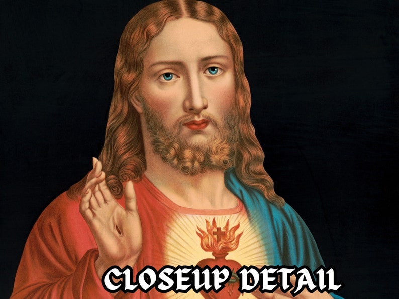 May include: A vintage illustration of Jesus Christ with long brown hair and a beard. He is wearing a red robe with a blue sash and a golden heart with flames on his chest. The image has the text "CLOSEUP DETAIL" at the bottom.