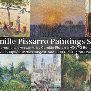 May include: A collage of 30 digital paintings by Camille Pissarro, an Impressionist artist. The paintings are high-resolution JPGs, each measuring 3600 pixels wide and 12 inches long. The images are 300 DPI and are available for digital download.  Camille Pissarro Paintings Set 1.