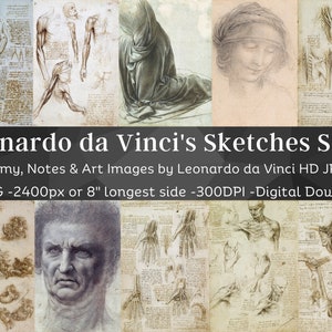 Leonardo Da Vinci Manuscript Notes 85 Digital Image Bundle 3 | Vintage Anatomy, Handwriting, Portraits from 1500s | Codex Paper, Scrapbook
