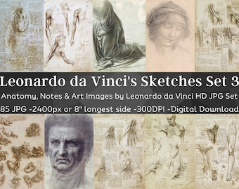 Leonardo Da Vinci Manuscript Notes 85 Digital Image Bundle 3 | Vintage Anatomy, Handwriting, Portraits from 1500s | Codex Paper, Scrapbook