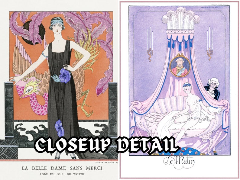 May include: Two illustrations from a vintage magazine. The first illustration shows a woman in a black dress standing in front of a pink and yellow bird. The second illustration shows a woman lying in a bed with a canopy. The text "La Belle Dame Sans Merci" and "Le Matin" is visible.