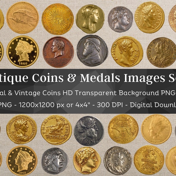 Antient Coin PNG Bundle N1 | 42 HQ Vintage Gold & Silver Coins Images| Fussy Cut Clipart| Aureus Stater Dollar Franc| Scrapbook Junk Journal