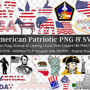 Pacote Patriótico dos EUA 70 PNG e SVG | Bandeira Americana, Estátua da Liberdade, Lincoln| Silhueta de clipart| Arquivos para Cricut Camiseta | Download digital