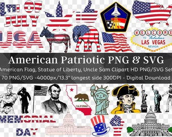 USA Patriotic 70 PNG & SVG Bundle/ Bandera Americana, Estatua de la Libertad, Lincoln/ Clipart Silhouette/ Archivos para Cricut T-Shirt/ Descarga Digital