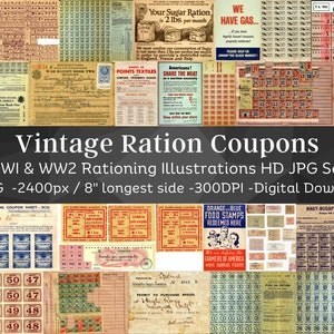 51 Vintage Wereldoorlog 1 & 2 Rantsoenboekillustraties | Afdrukbare rantsoenzegels en coupons clipart | Junkjournaal Efemere| Directe download