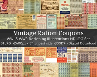 51 Vintage World War 1 & 2 Ration Book Illustrations | Printable Ration Stamps and Coupons Clipart | Junk Journal Ephemera| Instant Download